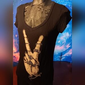 Occasion “Flawless” Studded Peace Sign Tee | Black Cutout Spine Festival Top | F